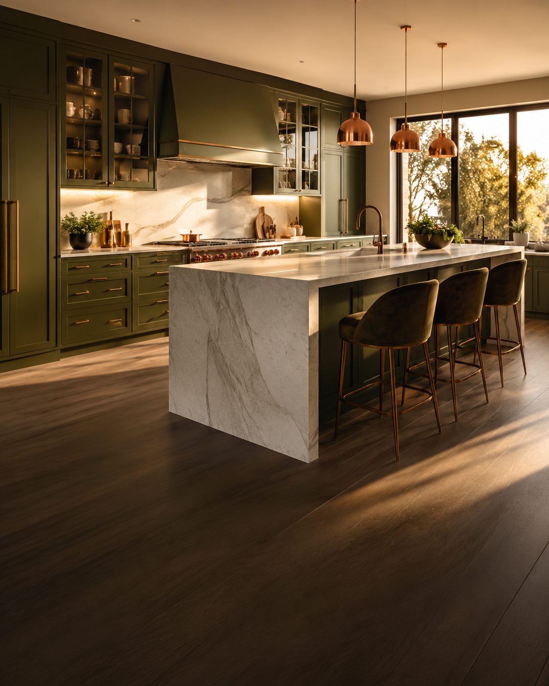 Olive green kitchen island with copper pendant lights at golden hour