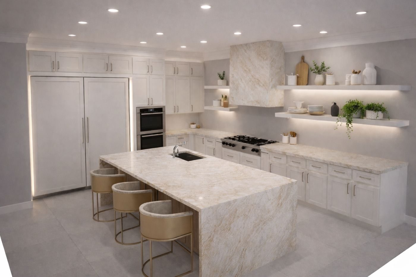 Waterfall marble island kitchen
