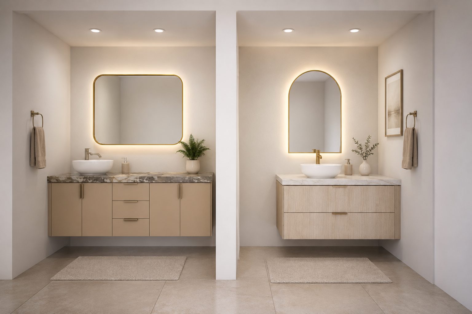 His and hers bathroom vanities with backlit mirrors