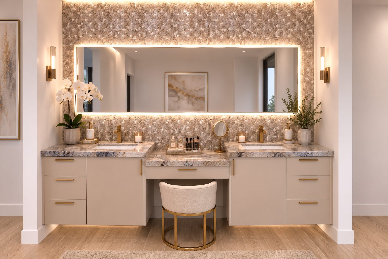 Bathroom vanity with backlit mosaic tile wall and makeup station