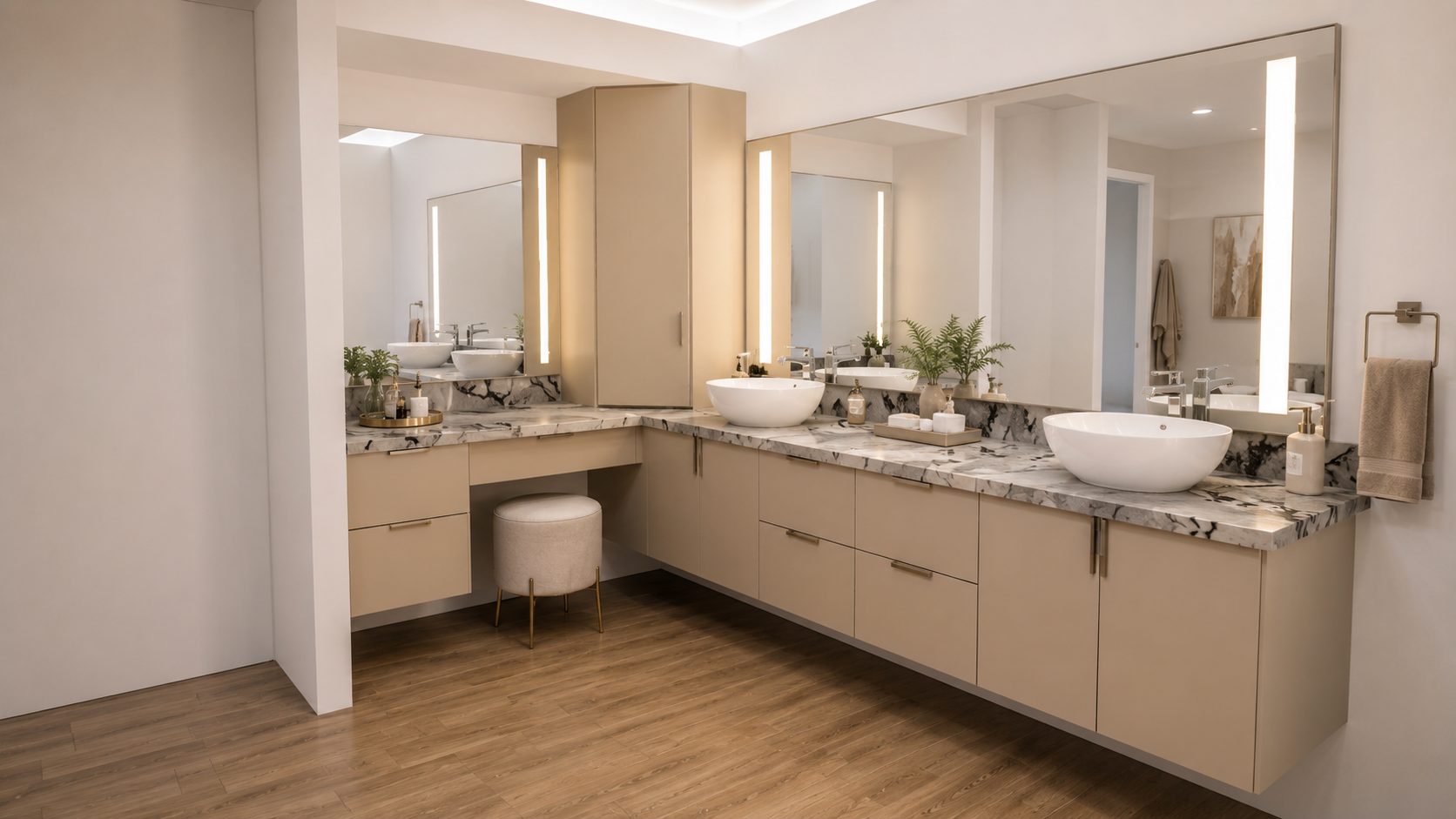 L-shaped bathroom vanity with built-in makeup desk