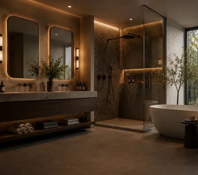 Spa-style primary bathroom with freestanding tub and glass shower