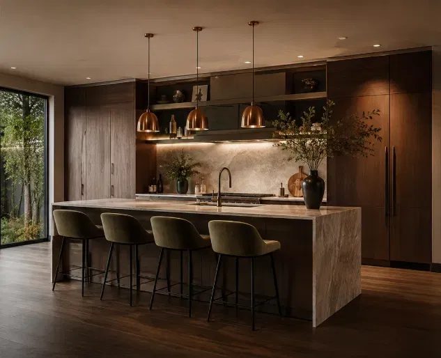 Moody contemporary kitchen island with copper pendant lighting