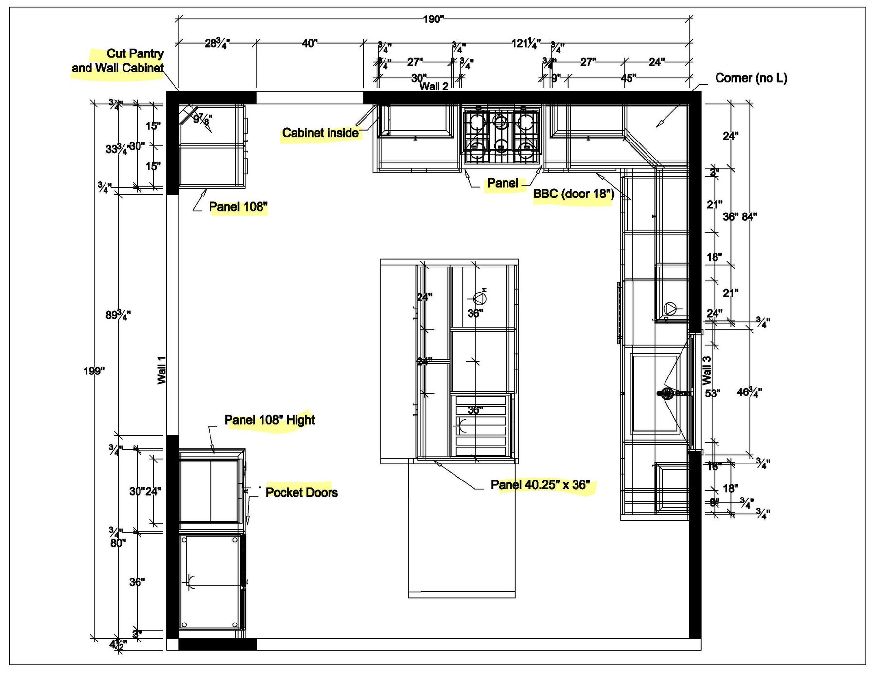 Full kitchen floor plan with dimensioned layout