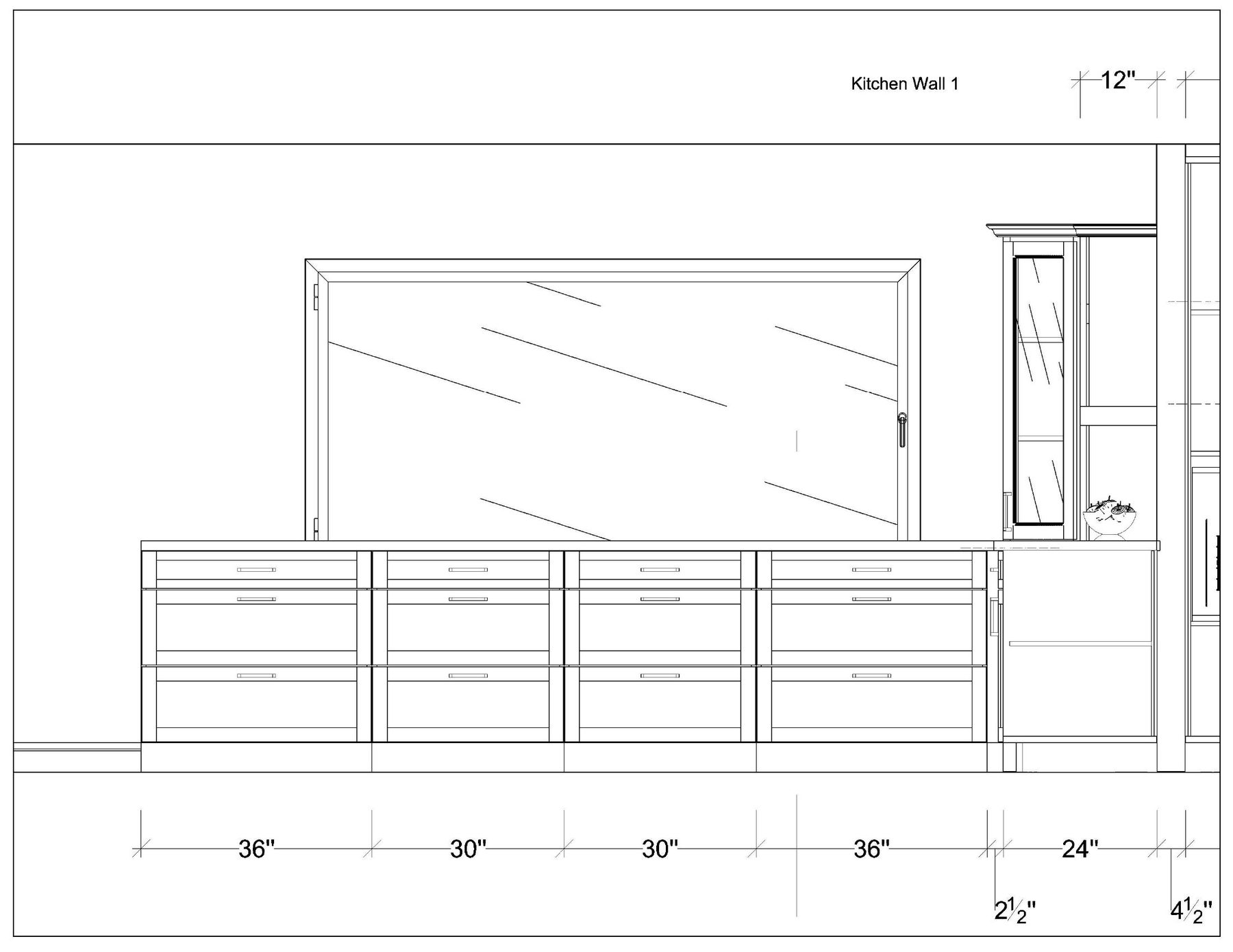Kitchen wall elevation with cabinetry and appliance dimensions