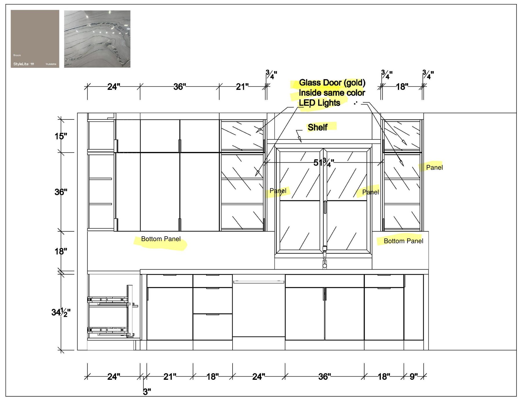 Kitchen wall elevation with glass upper cabinets and panel details