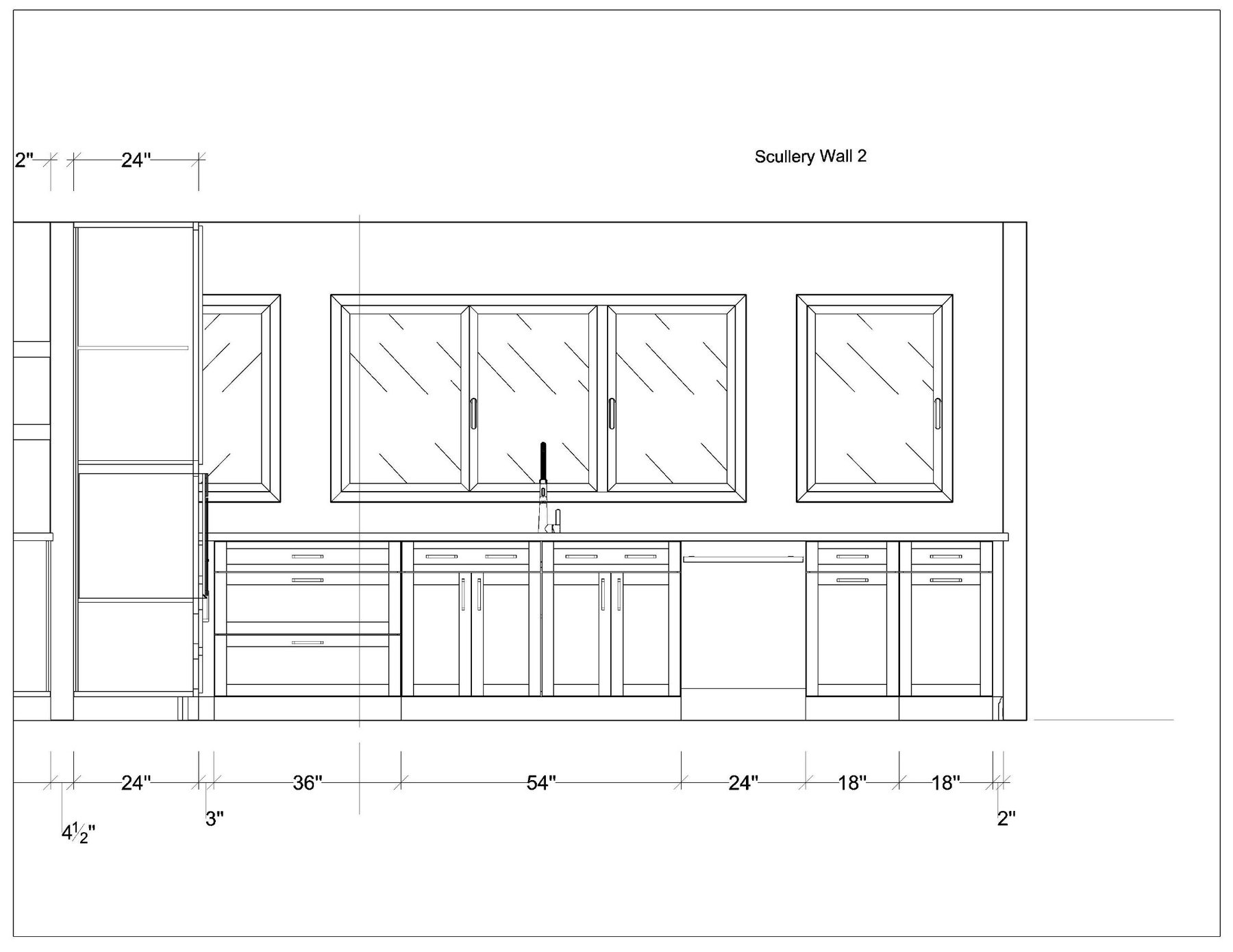 Scullery wall elevation with dimensioned cabinetry