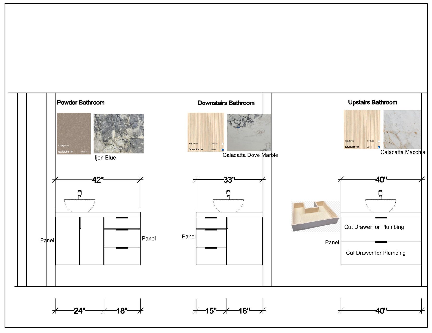 Three bathroom vanity elevations with dimensions and finishes