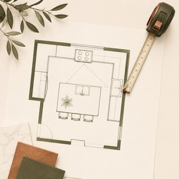 Kitchen floor plan sketch with measuring tape