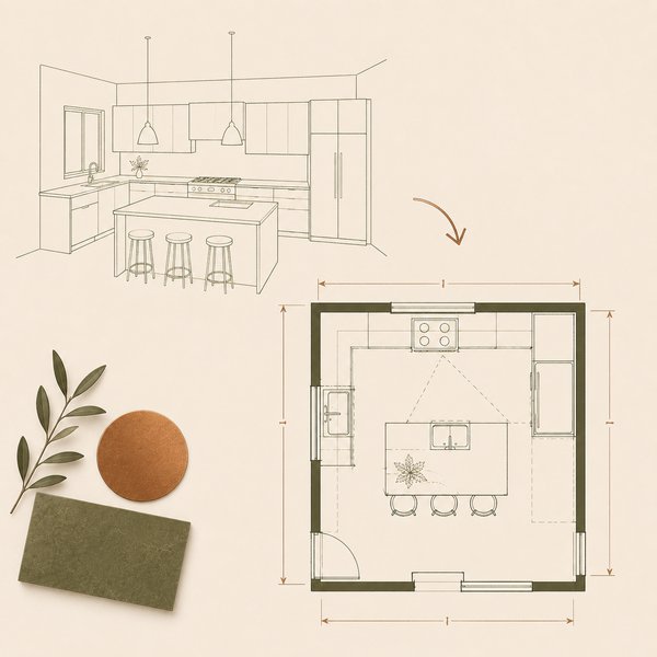 Kitchen sketch transforming into a dimensioned floor plan