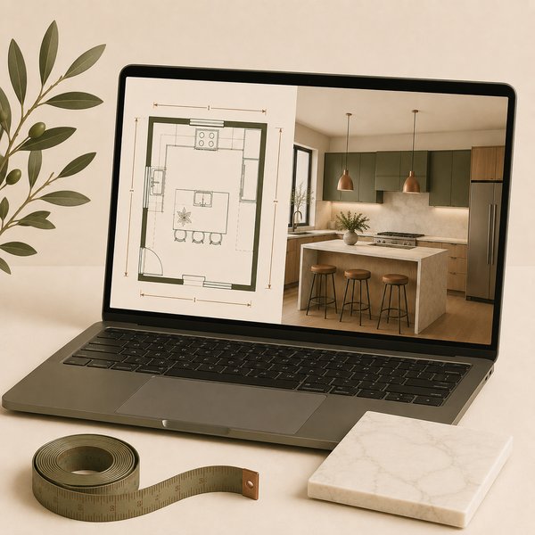 Laptop displaying finished kitchen floor plan and render